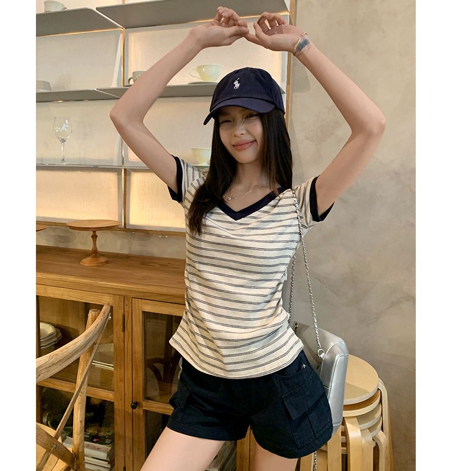 藏青撞色條紋短袖 T 恤女修身顯瘦韓系百搭圓領休閑上衣