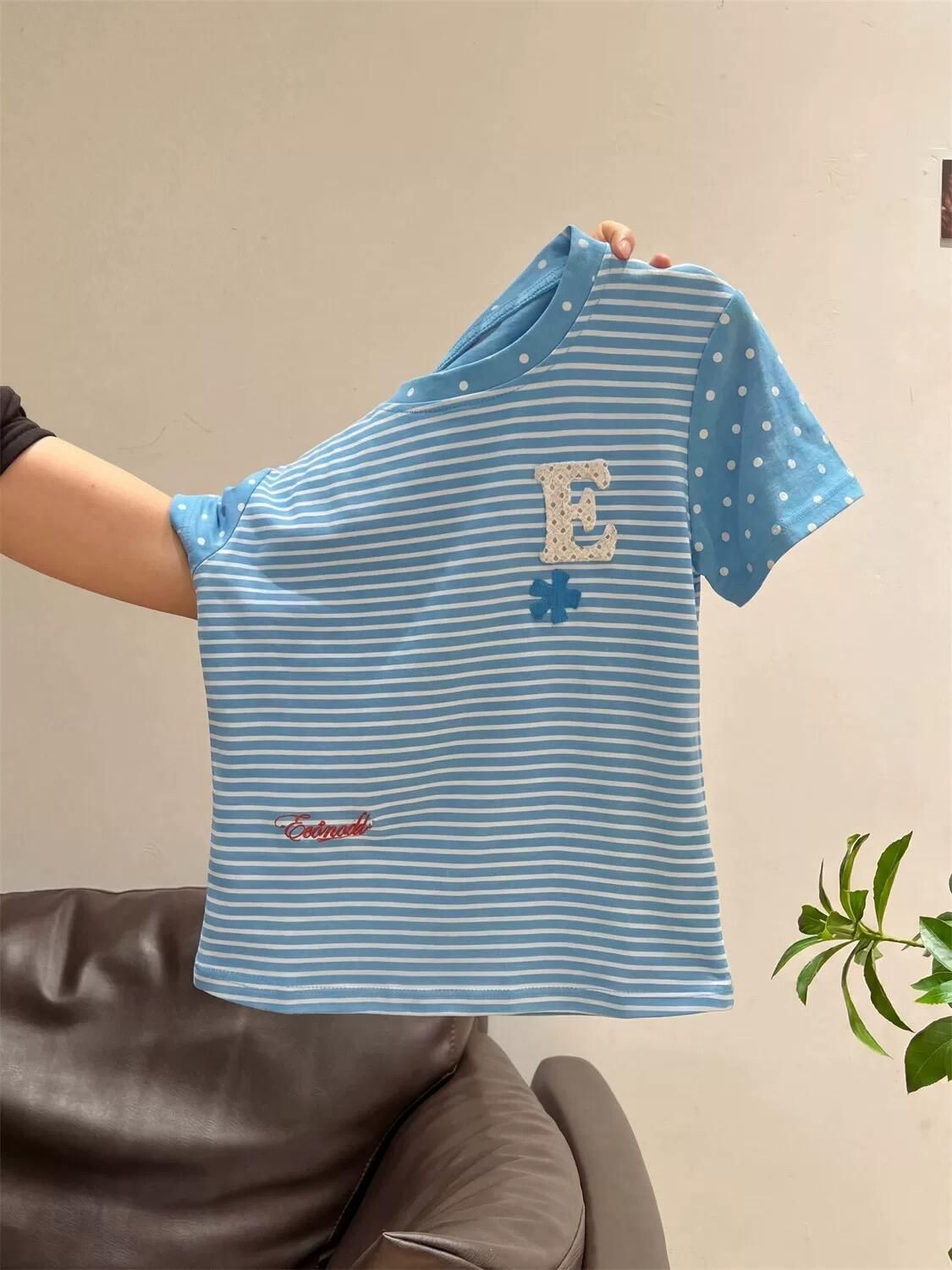 藍白條紋波點拼接 T 恤女夏韓系清新字母刺繡修身短袖上衣