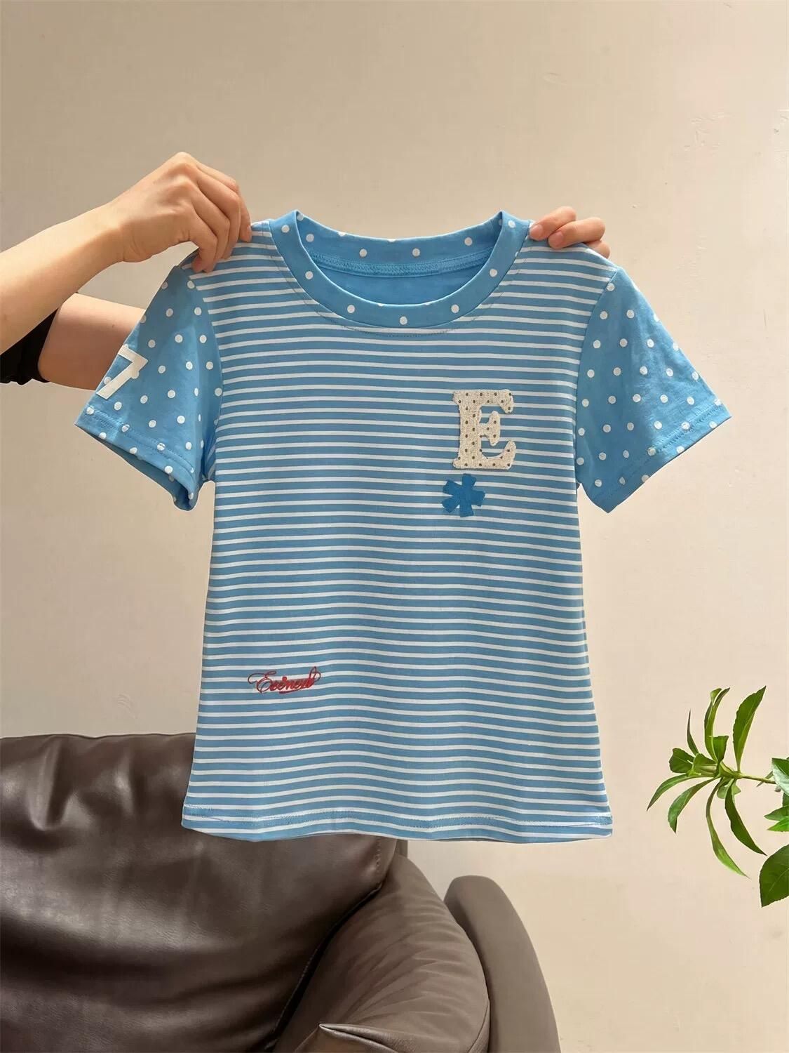 藍白條紋波點拼接 T 恤女夏韓系清新字母刺繡修身短袖上衣