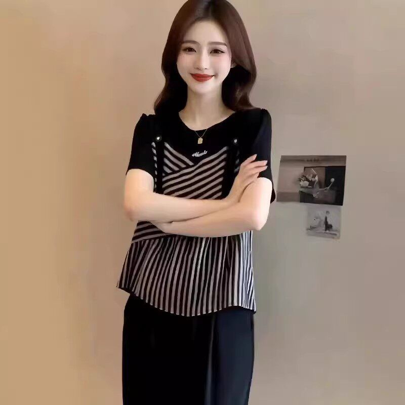 撞色條紋拼接假兩件短袖T恤女夏季大碼胖mm獨特別致顯瘦上衣