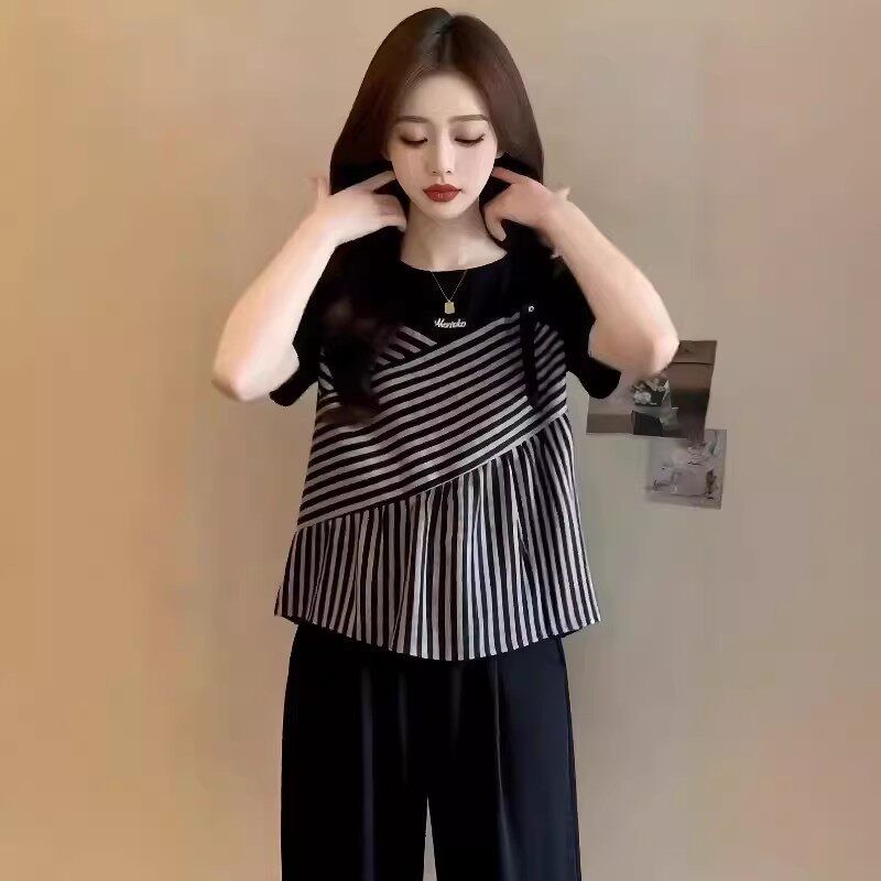 撞色條紋拼接假兩件短袖T恤女夏季大碼胖mm獨特別致顯瘦上衣