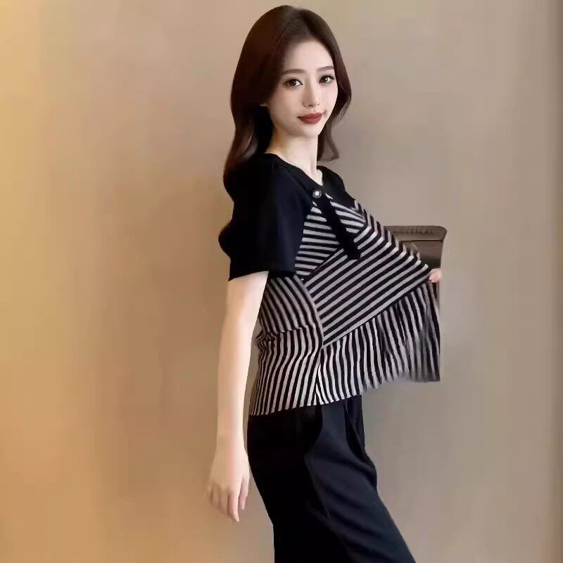 撞色條紋拼接假兩件短袖T恤女夏季大碼胖mm獨特別致顯瘦上衣