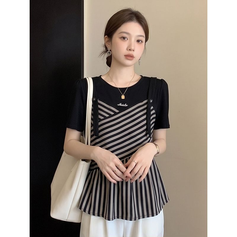 女裝遮肚子假兩件條紋短袖T恤夏季胖mm收腰遮肚獨特漂亮上衣