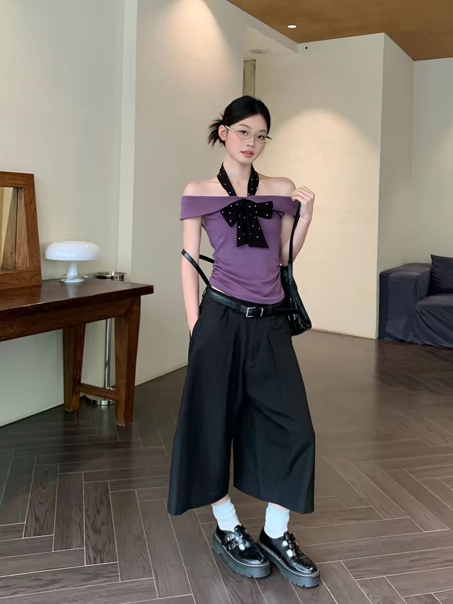 紫色一字肩掛脖 T 恤女純欲風修身顯瘦蝴蝶結設計感短袖上衣