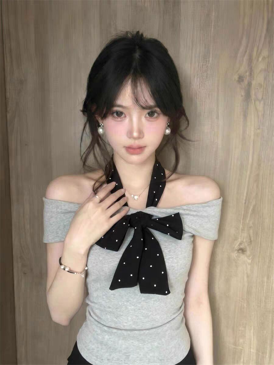 韓系紫色一字肩掛脖 T 恤女純欲風修身顯瘦蝴蝶結設計感短袖上衣