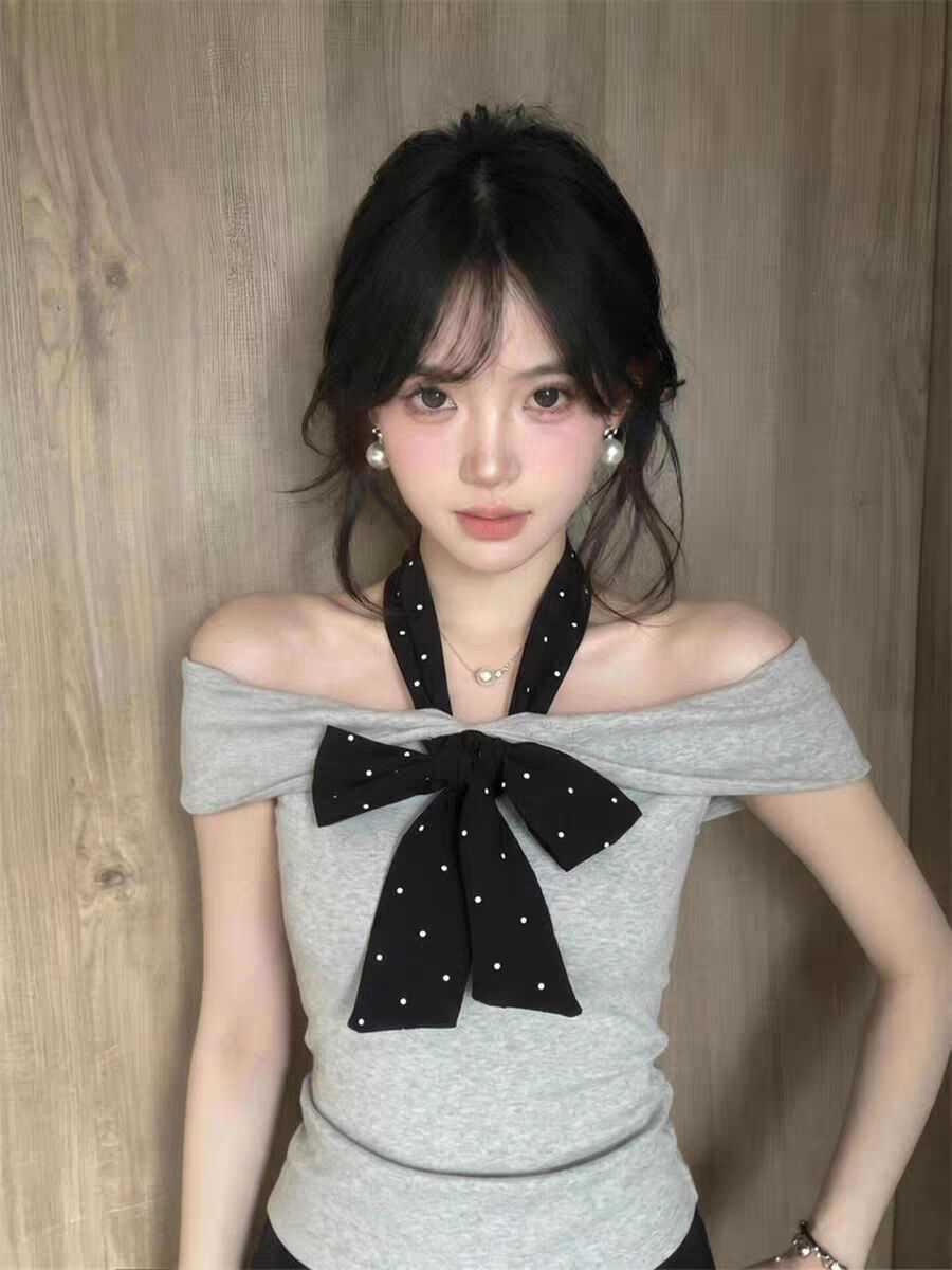 韓系紫色一字肩掛脖 T 恤女純欲風修身顯瘦蝴蝶結設計感短袖上衣