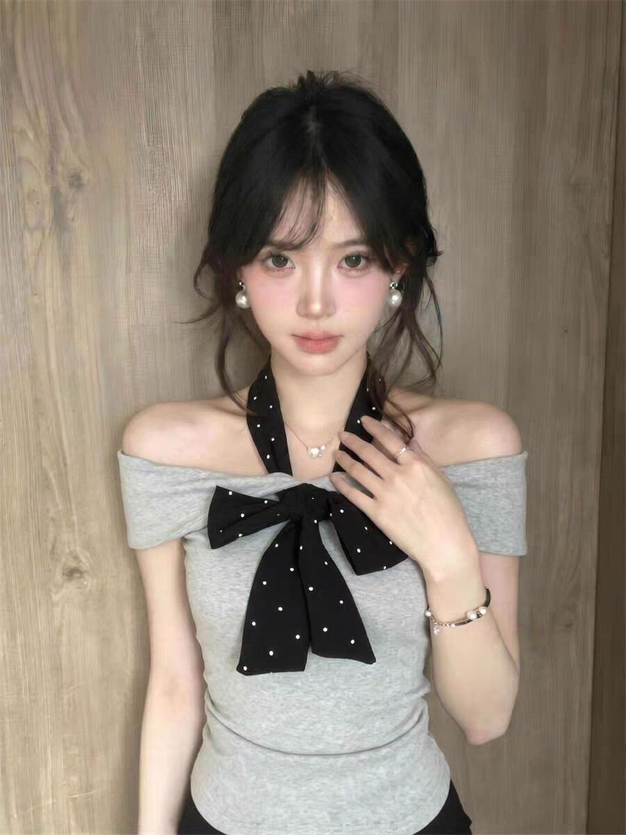 韓系紫色一字肩掛脖 T 恤女純欲風修身顯瘦蝴蝶結設計感短袖上衣