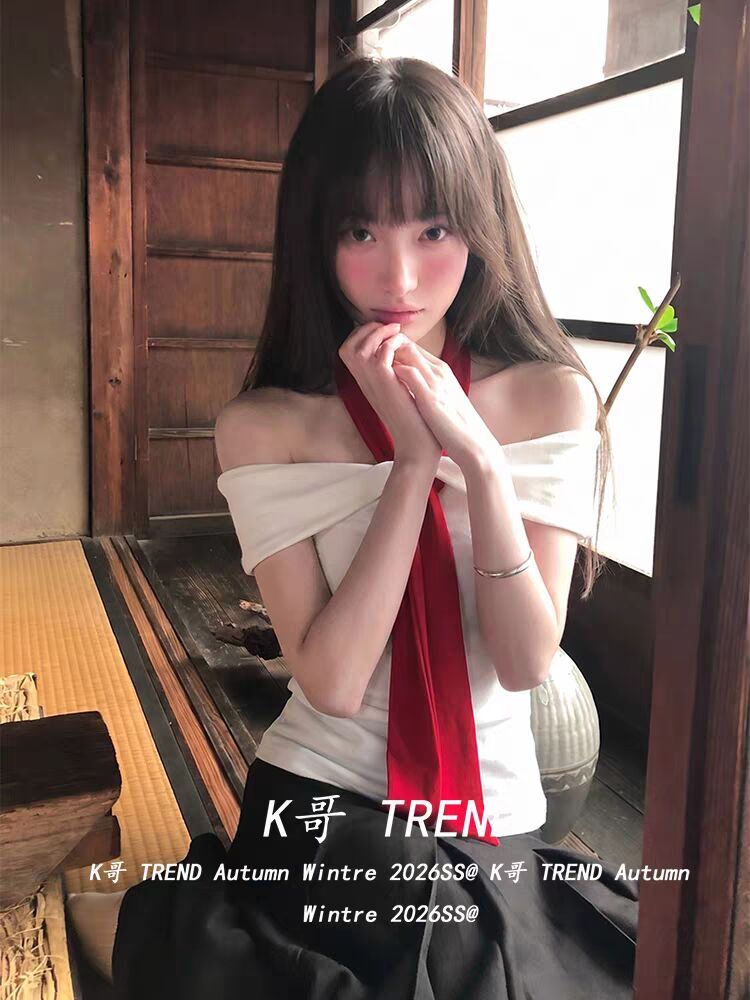 韓系紫色一字肩掛脖 T 恤女純欲風修身顯瘦蝴蝶結設計感短袖上衣