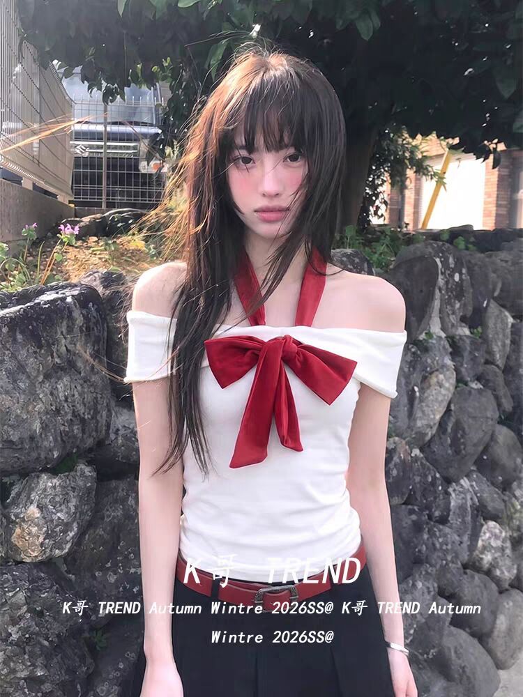 韓系紫色一字肩掛脖 T 恤女純欲風修身顯瘦蝴蝶結設計感短袖上衣
