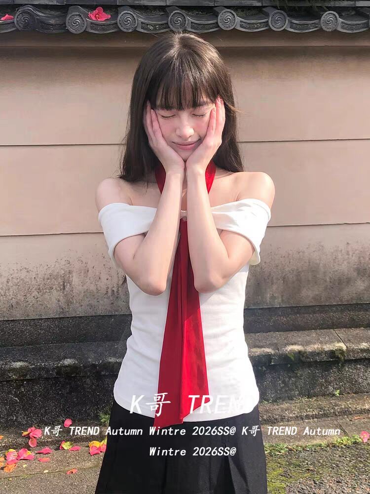 韓系紫色一字肩掛脖 T 恤女純欲風修身顯瘦蝴蝶結設計感短袖上衣