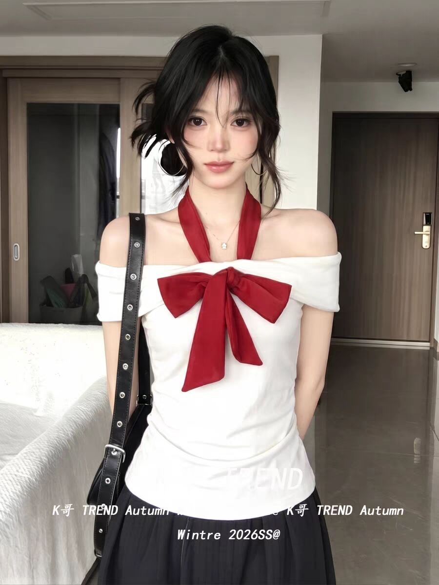溫柔紫色一字肩掛脖 T 恤女純欲風修身顯瘦蝴蝶結設計感短袖上衣