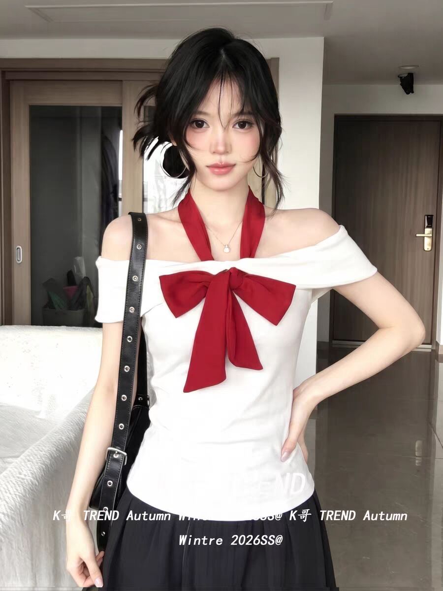 溫柔紫色一字肩掛脖 T 恤女純欲風修身顯瘦蝴蝶結設計感短袖上衣