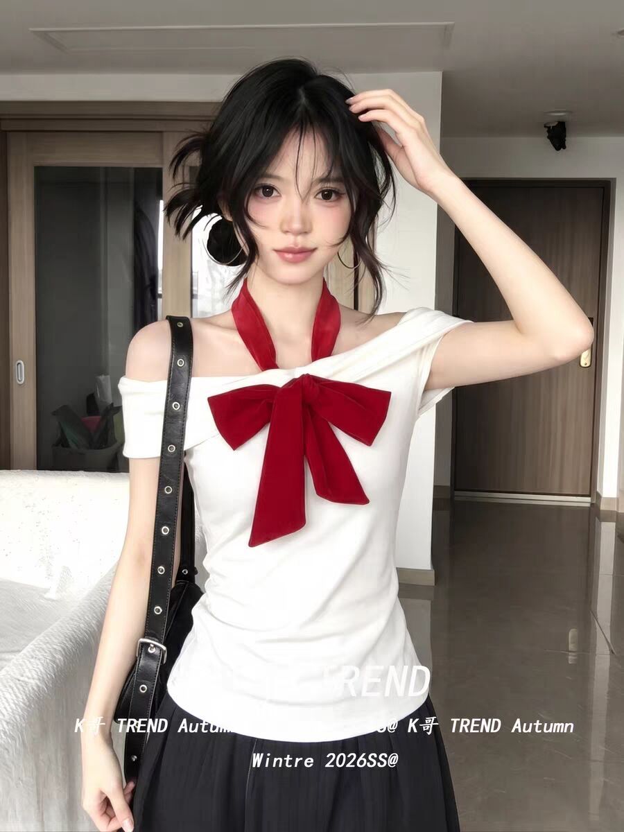 溫柔紫色一字肩掛脖 T 恤女純欲風修身顯瘦蝴蝶結設計感短袖上衣