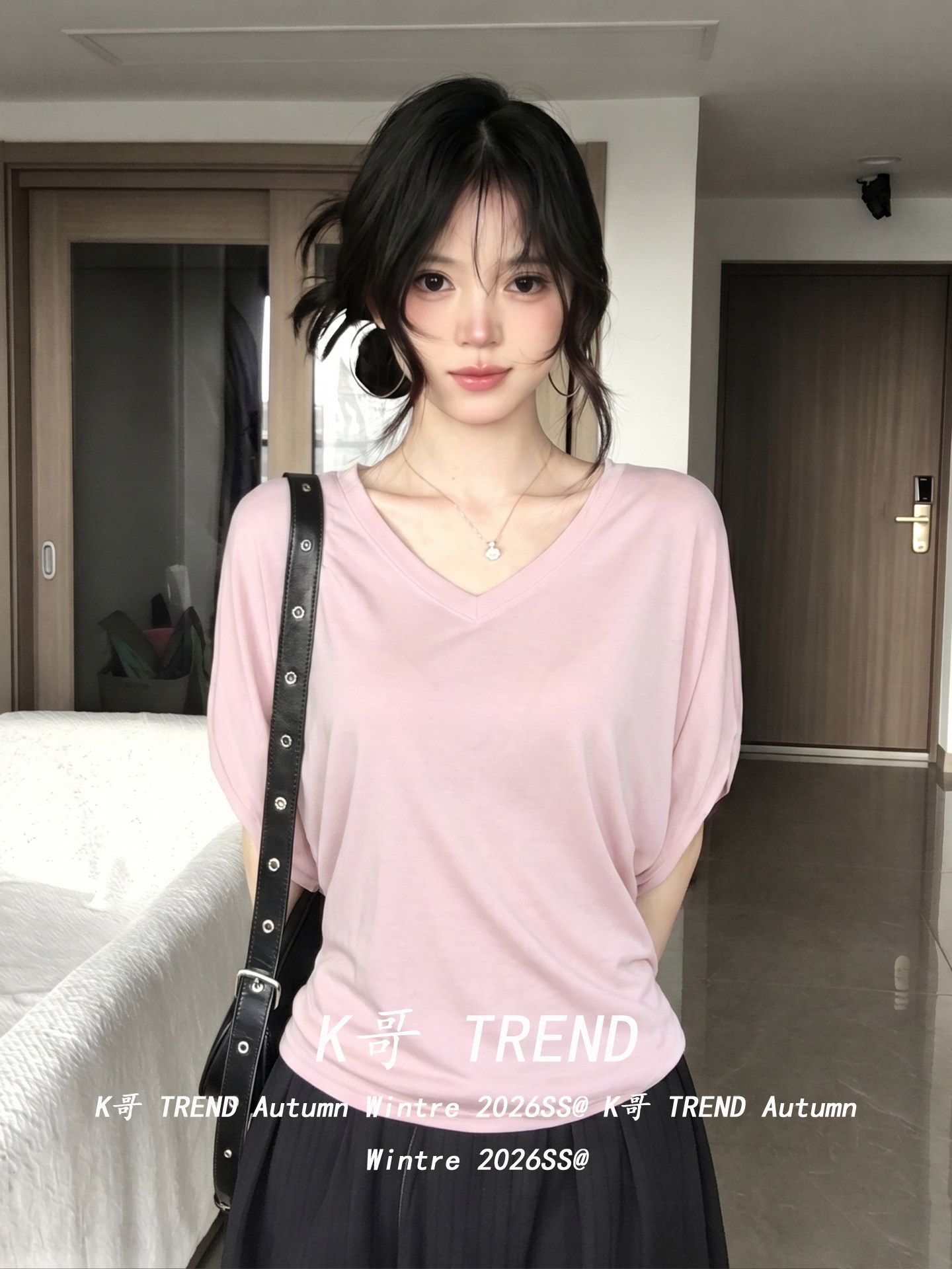 純欲氛圍感蝙蝠袖T恤女夏季修身顯瘦設計感小眾粉色V領上衣
