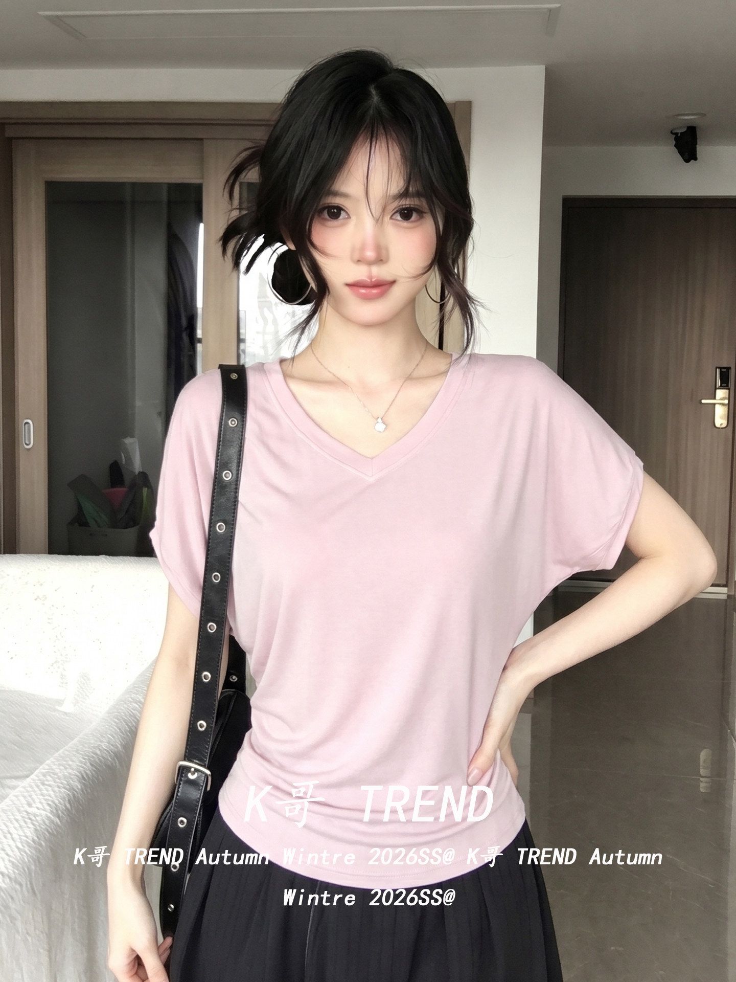 純欲氛圍感蝙蝠袖T恤女夏季修身顯瘦設計感小眾粉色V領上衣