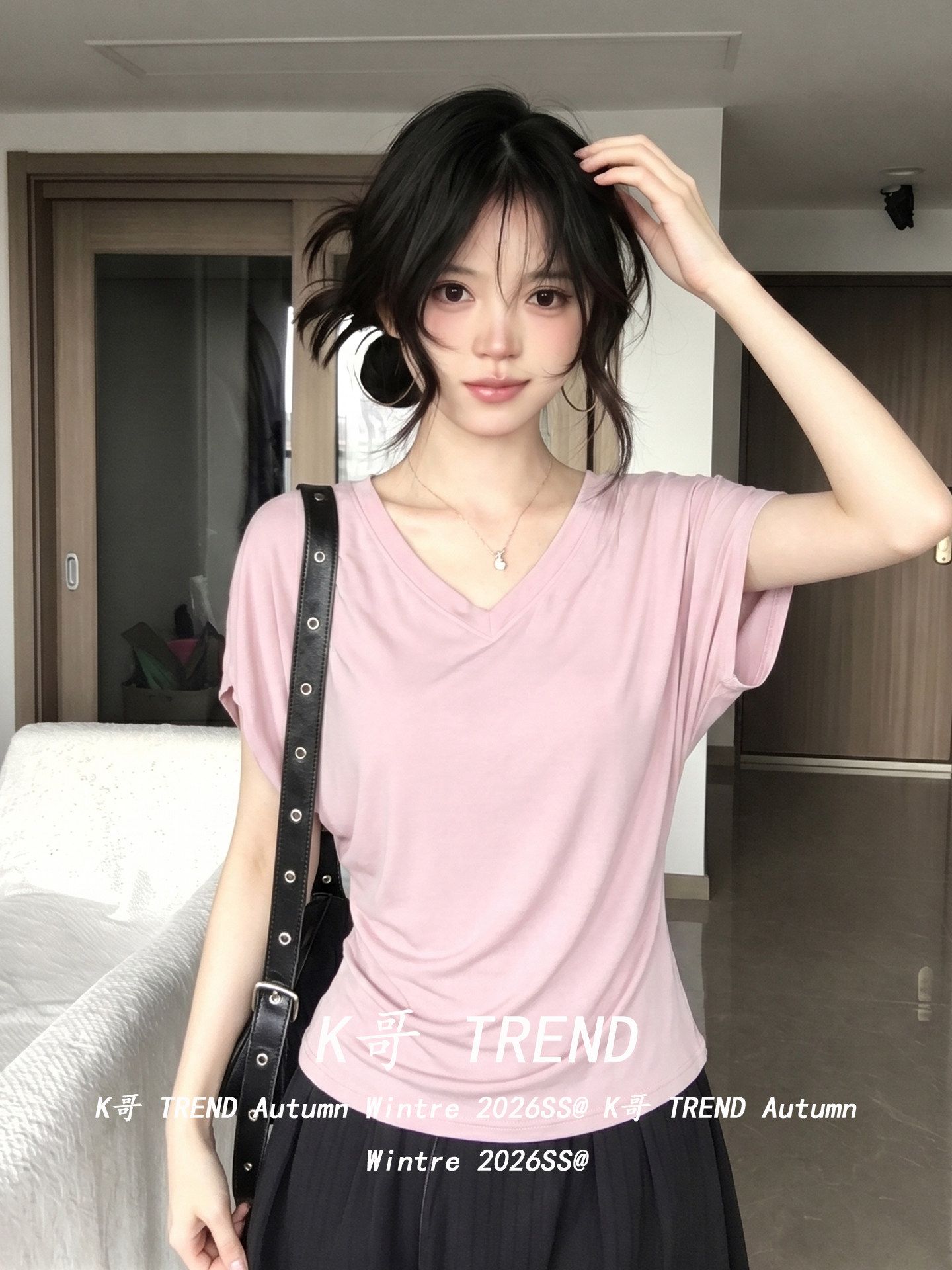 純欲氛圍感蝙蝠袖T恤女夏季修身顯瘦設計感小眾粉色V領上衣