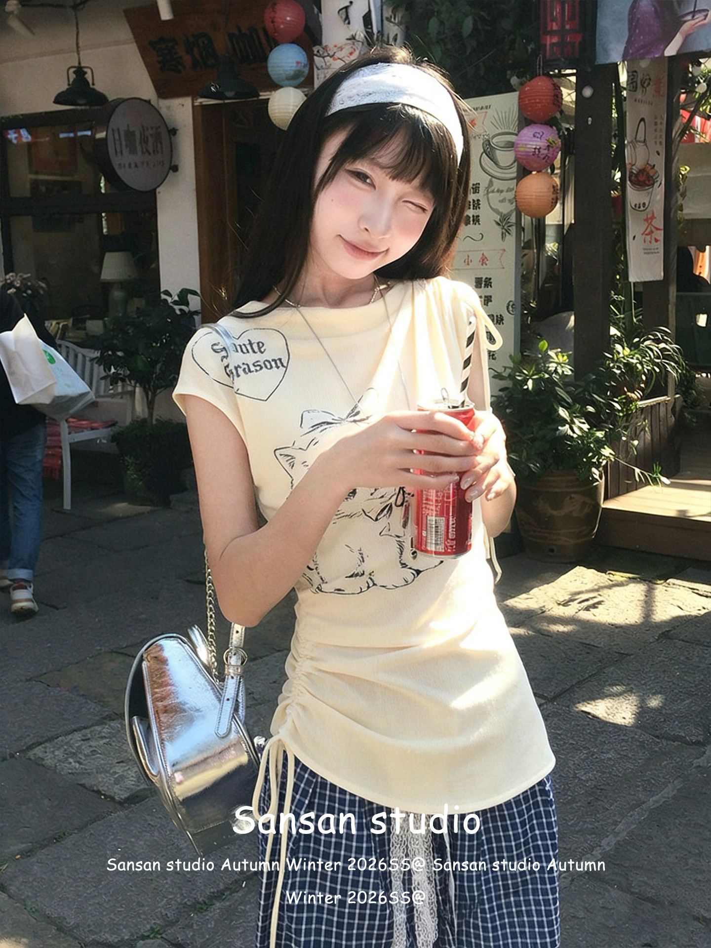 短袖t恤女夏季穿搭小貓印花抽繩黃色tee修身韓系上衣設計感