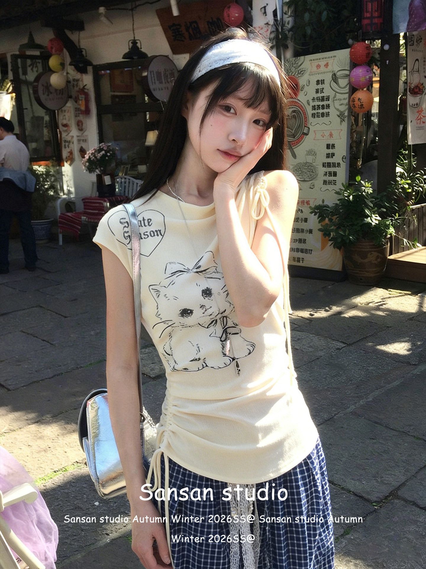 短袖t恤女夏季穿搭小貓印花抽繩黃色tee修身韓系上衣設計感