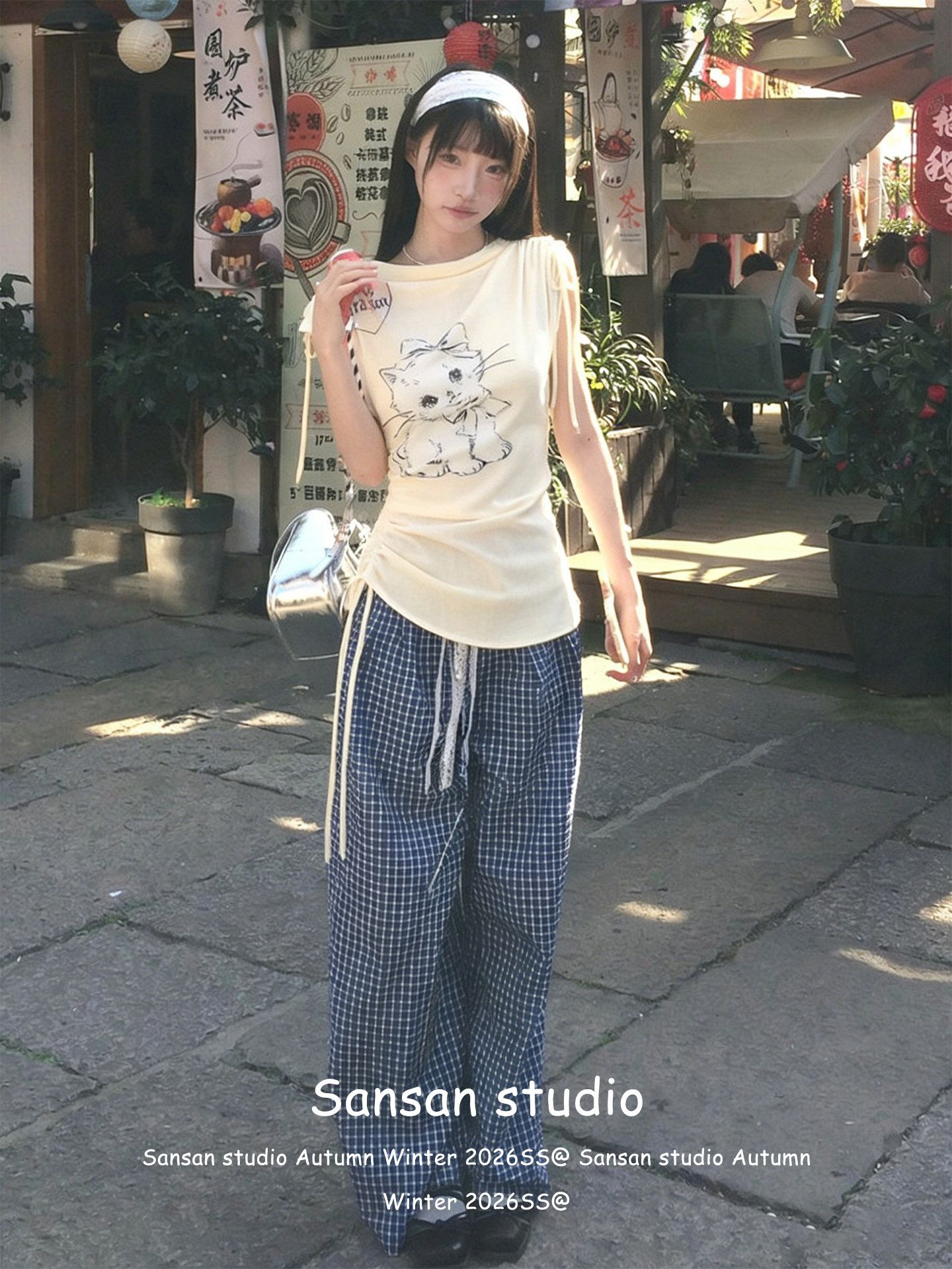 短袖t恤女夏季穿搭小貓印花抽繩黃色tee修身韓系上衣設計感