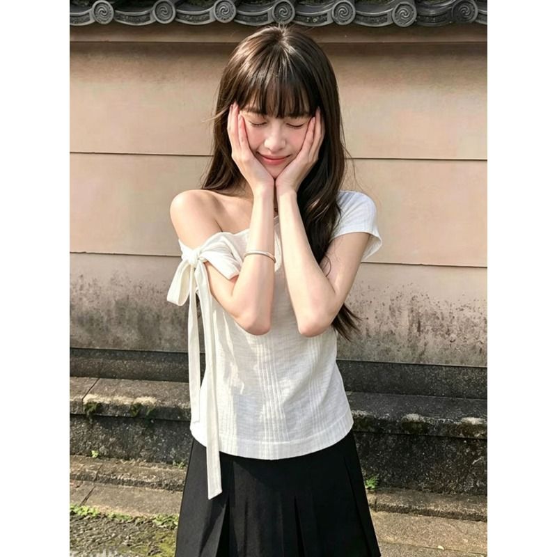 設計感不規則綁帶露肩寬松斜領短袖短款白色T恤女上衣