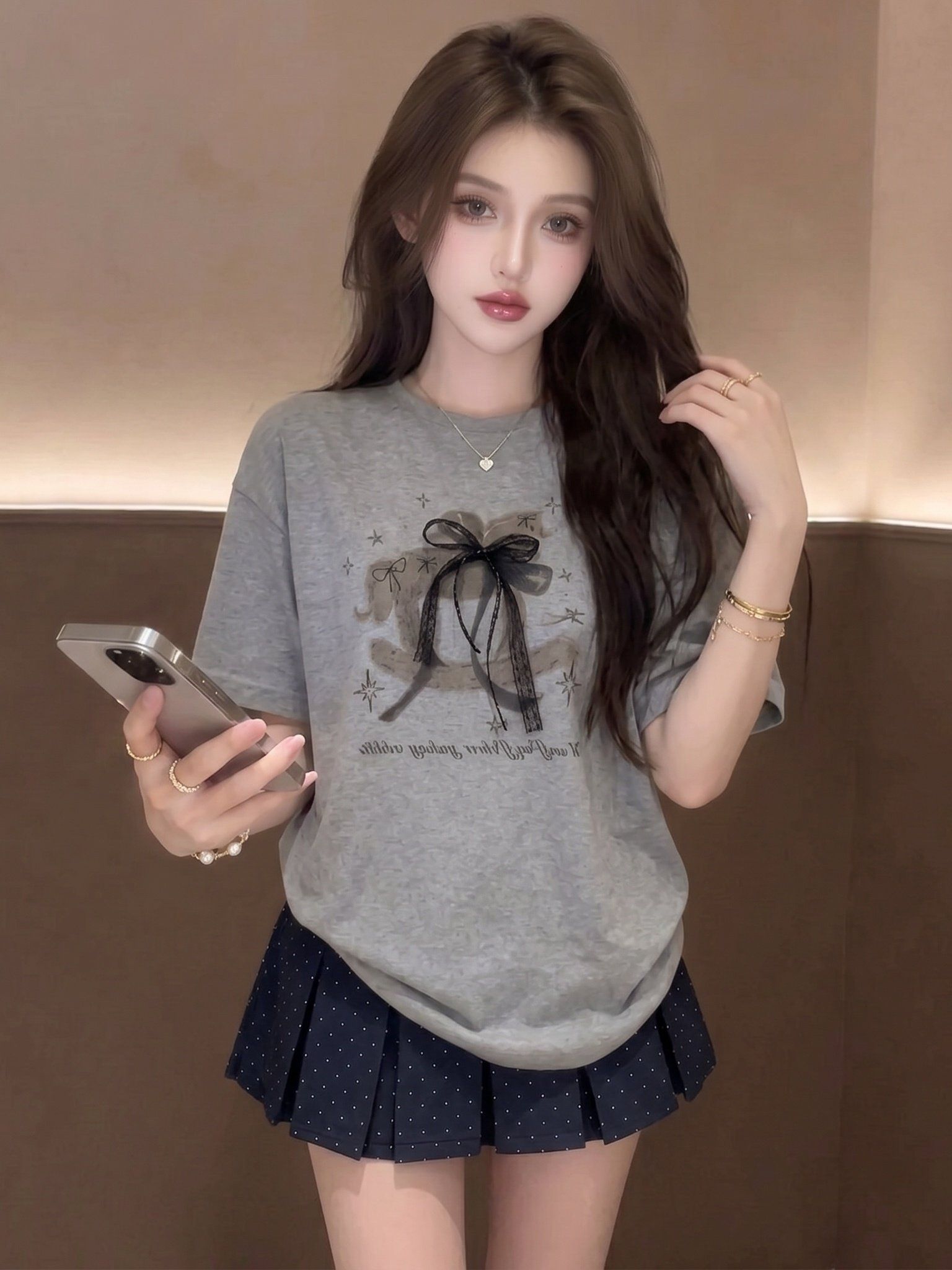 韓系卡通風木馬蝴蝶結印花白色短袖T恤女夏季寬松上衣