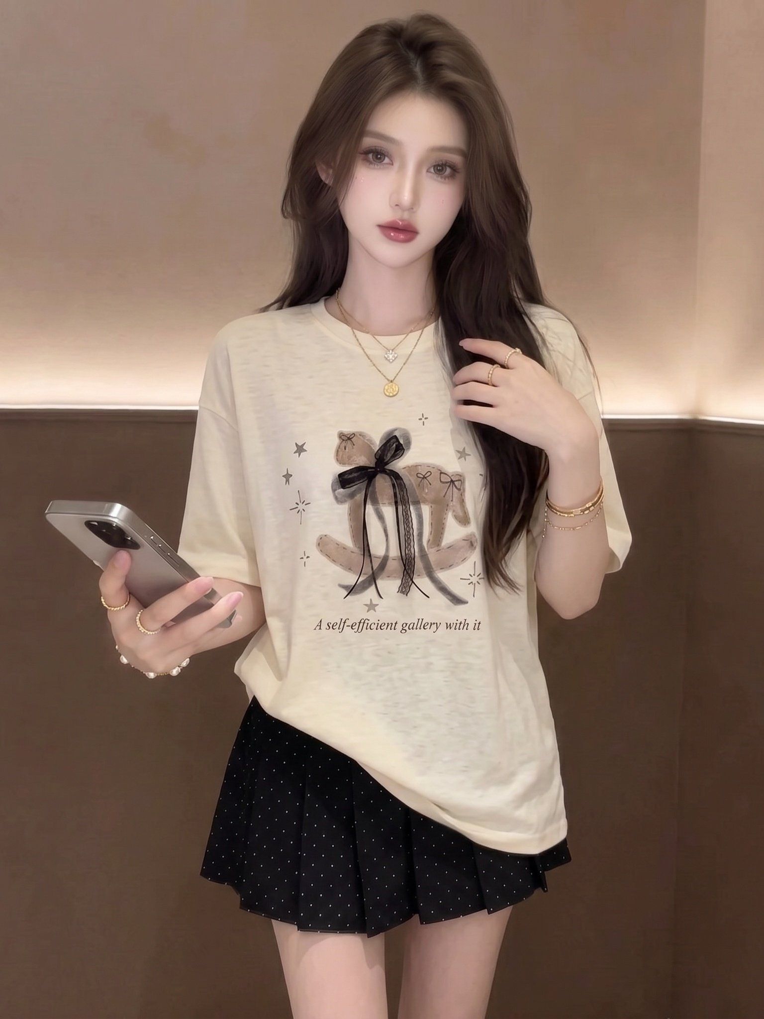 韓系卡通風木馬蝴蝶結印花白色短袖T恤女夏季寬松上衣