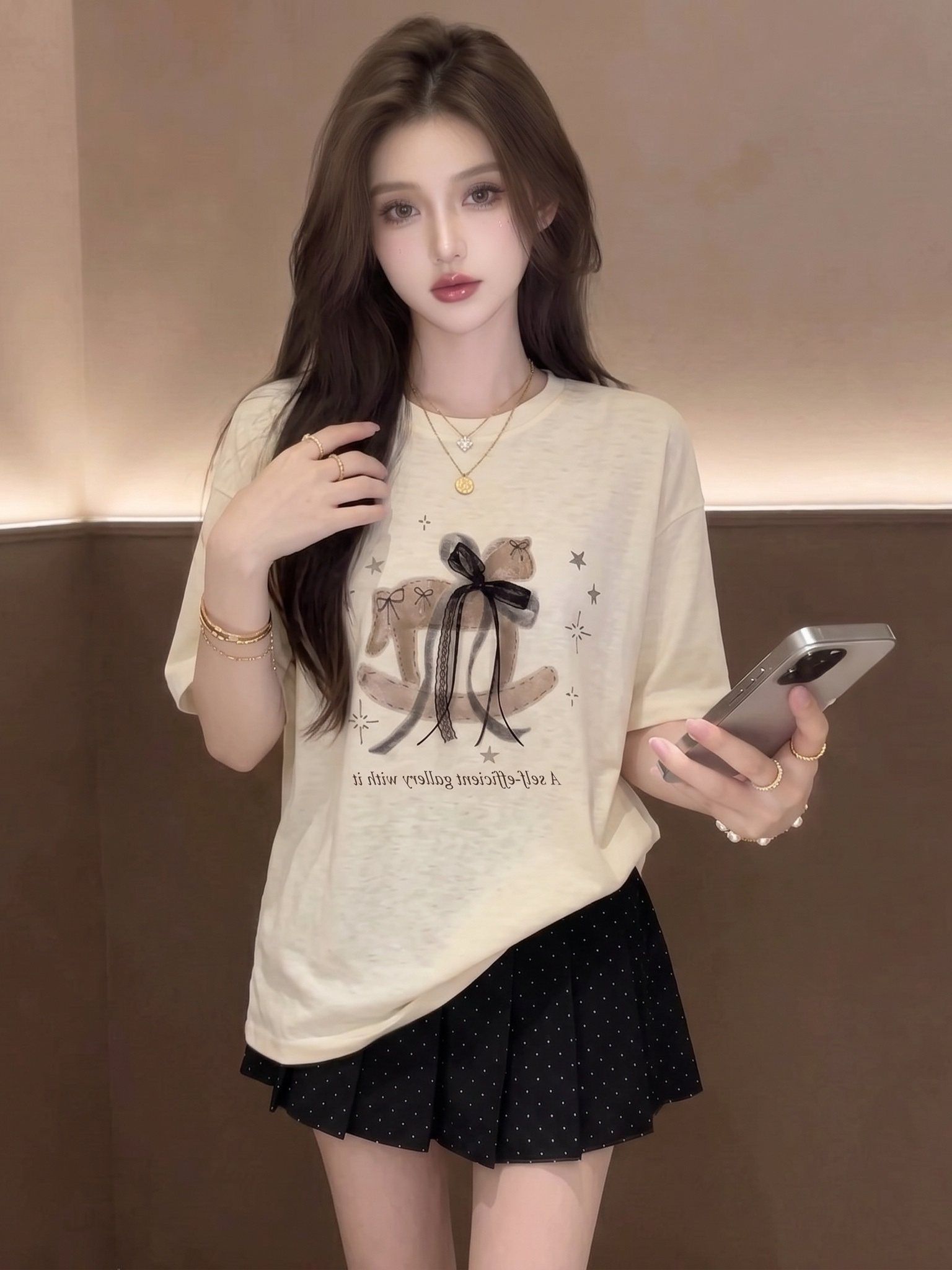 韓系卡通風木馬蝴蝶結印花白色短袖T恤女夏季寬松上衣