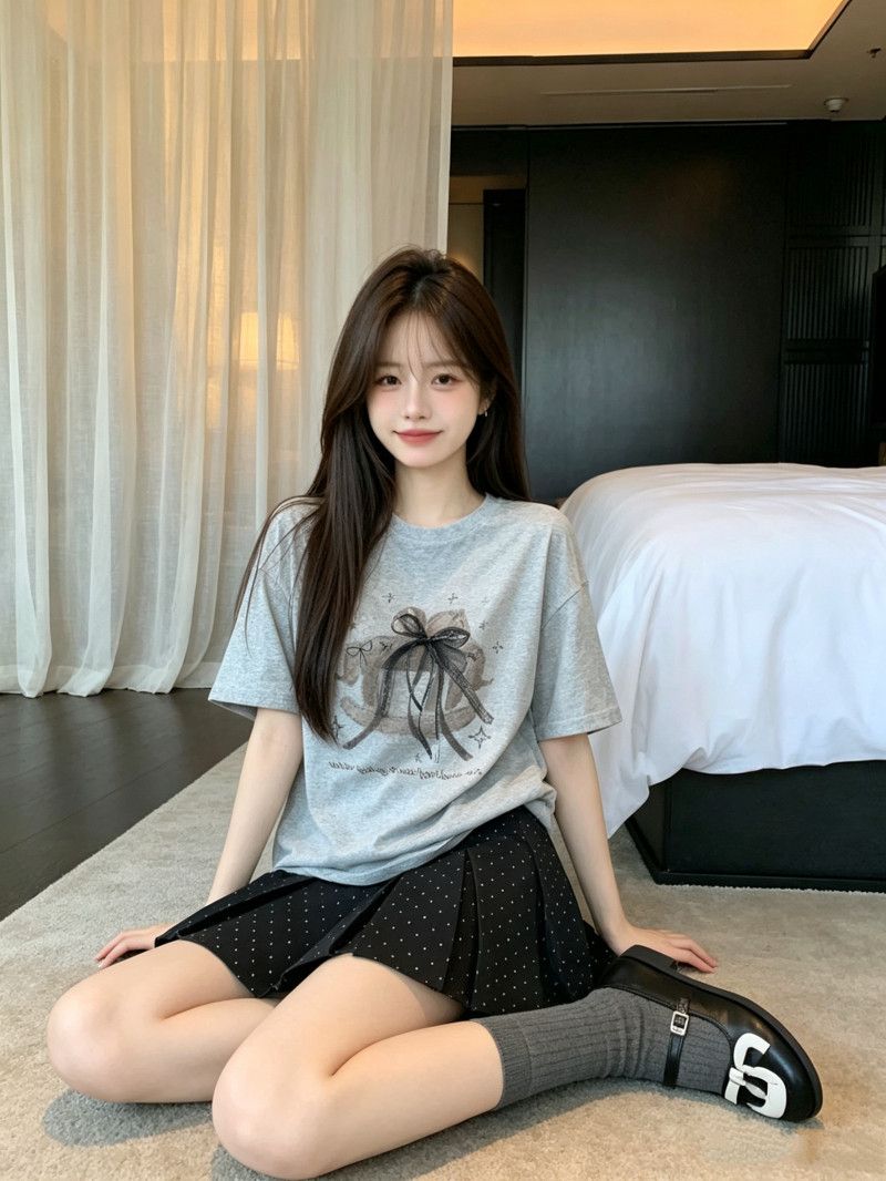 雪花甜美蝴蝶結木馬印花短袖T恤夏季寬松顯瘦白色少女上衣