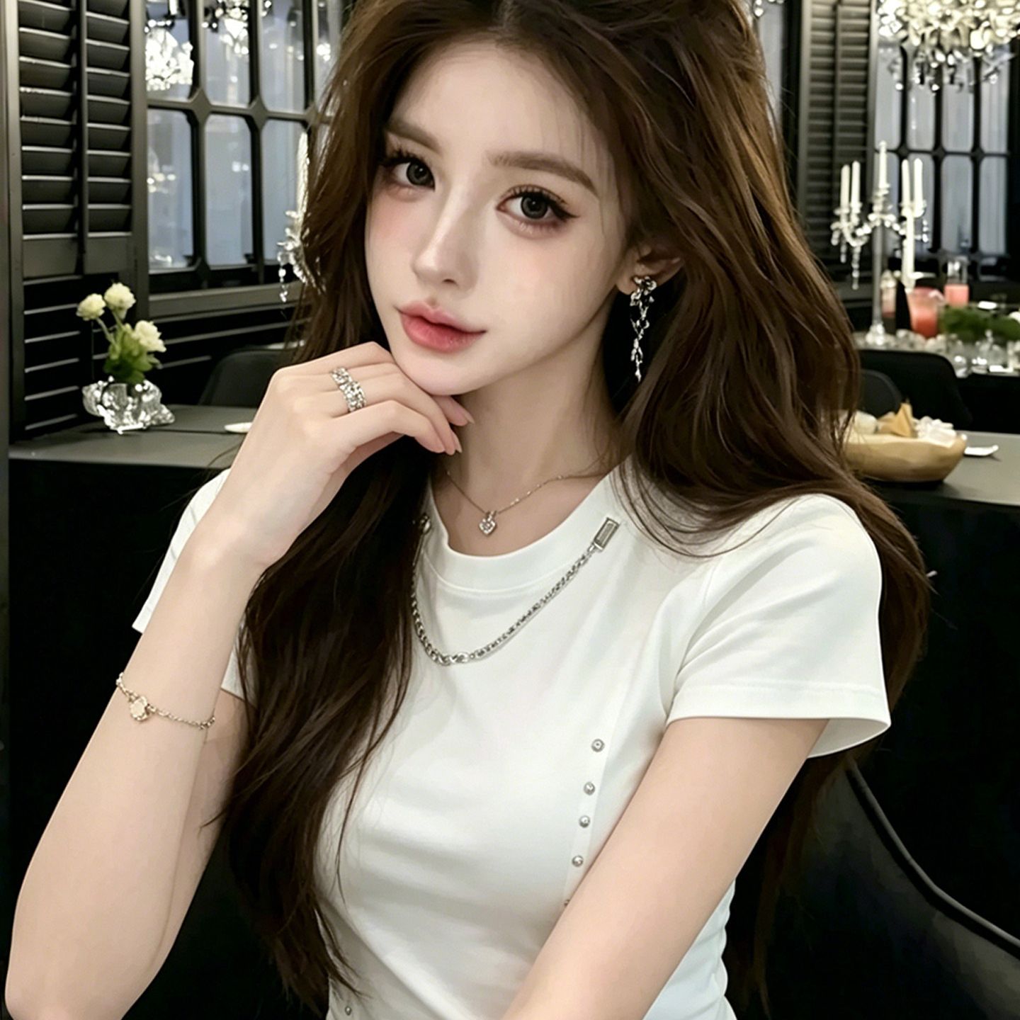 純欲酷辣風鏈條裝飾短袖t恤女正肩辣妹小個子個性上衣