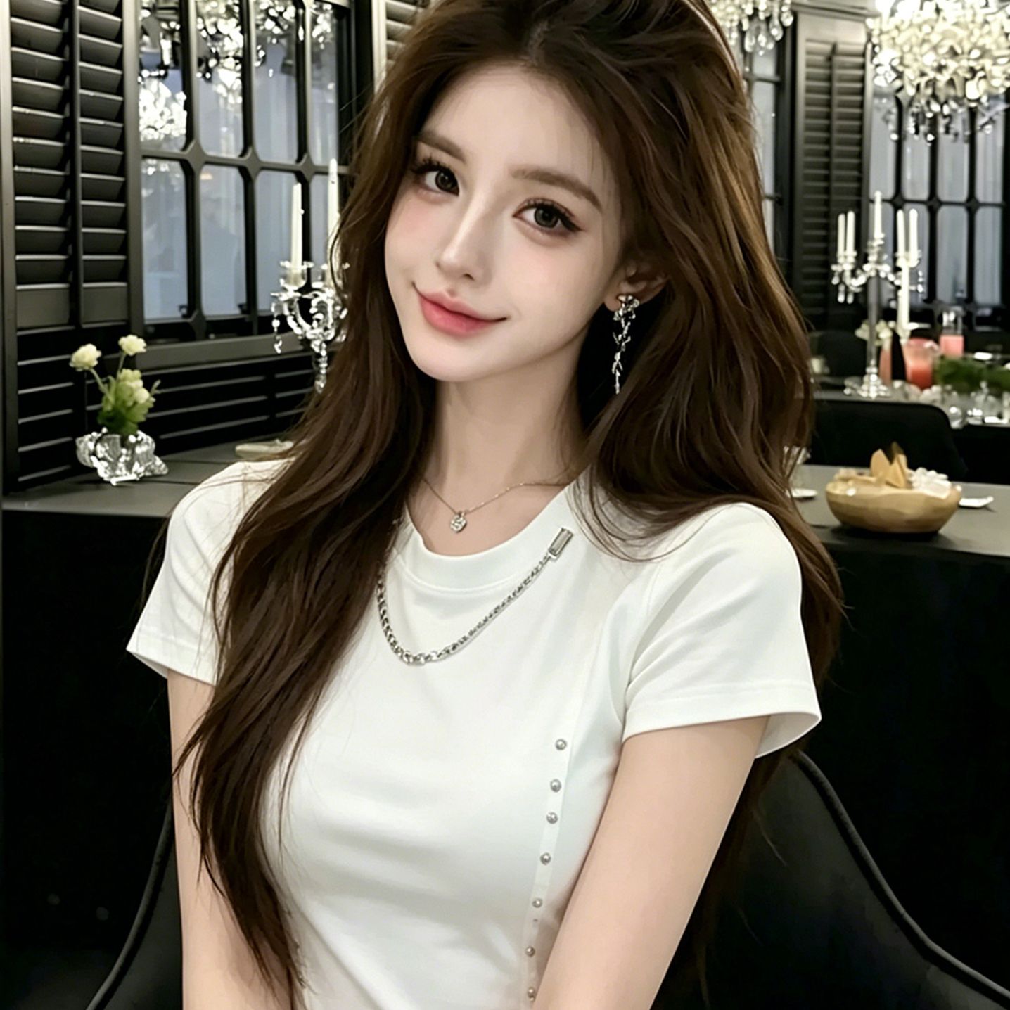 純欲酷辣風鏈條裝飾短袖t恤女正肩辣妹小個子個性上衣