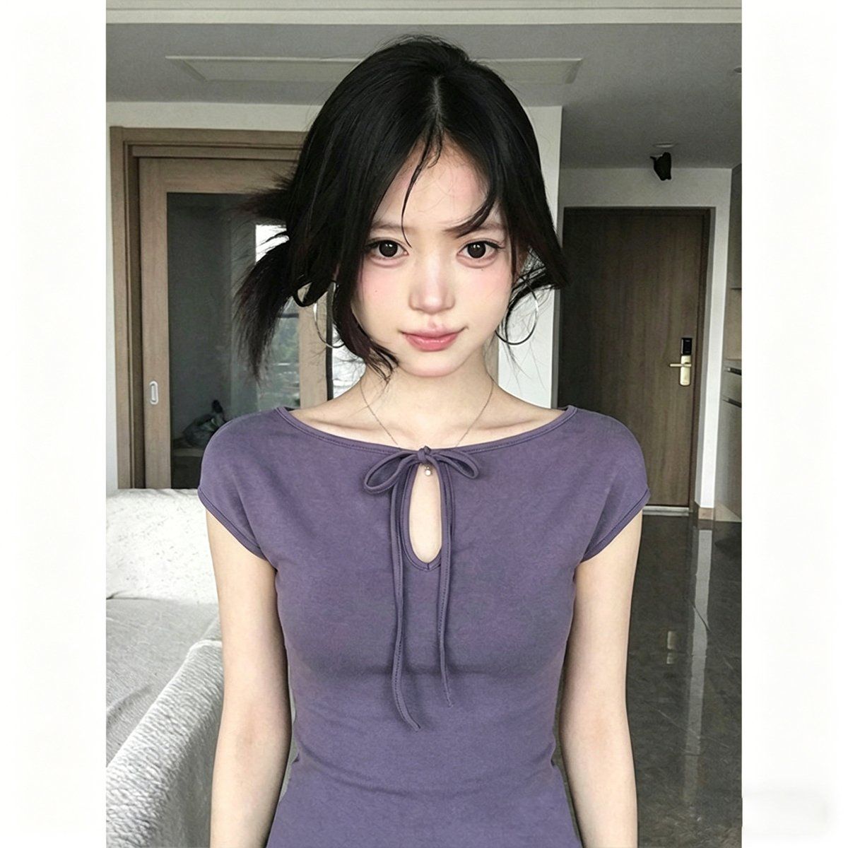 紫色系帶鏤空短袖 T 恤女修身顯瘦純欲風設計感短款上衣