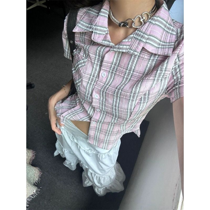 韓版復古學院風粉色格紋短袖襯衫女夏Polo領修身上衣
