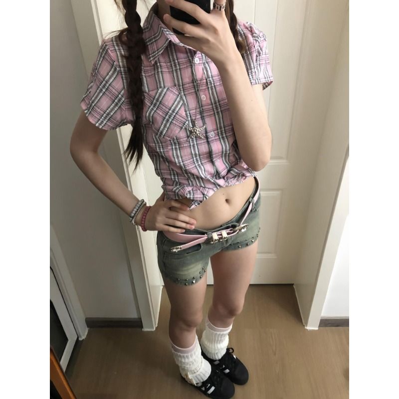 復古拼接撞色格子防曬短袖襯衫女夏季修身顯瘦上衣潮