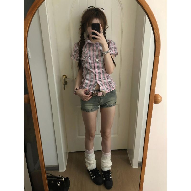 復古拼接撞色格子防曬短袖襯衫女夏季修身顯瘦上衣潮