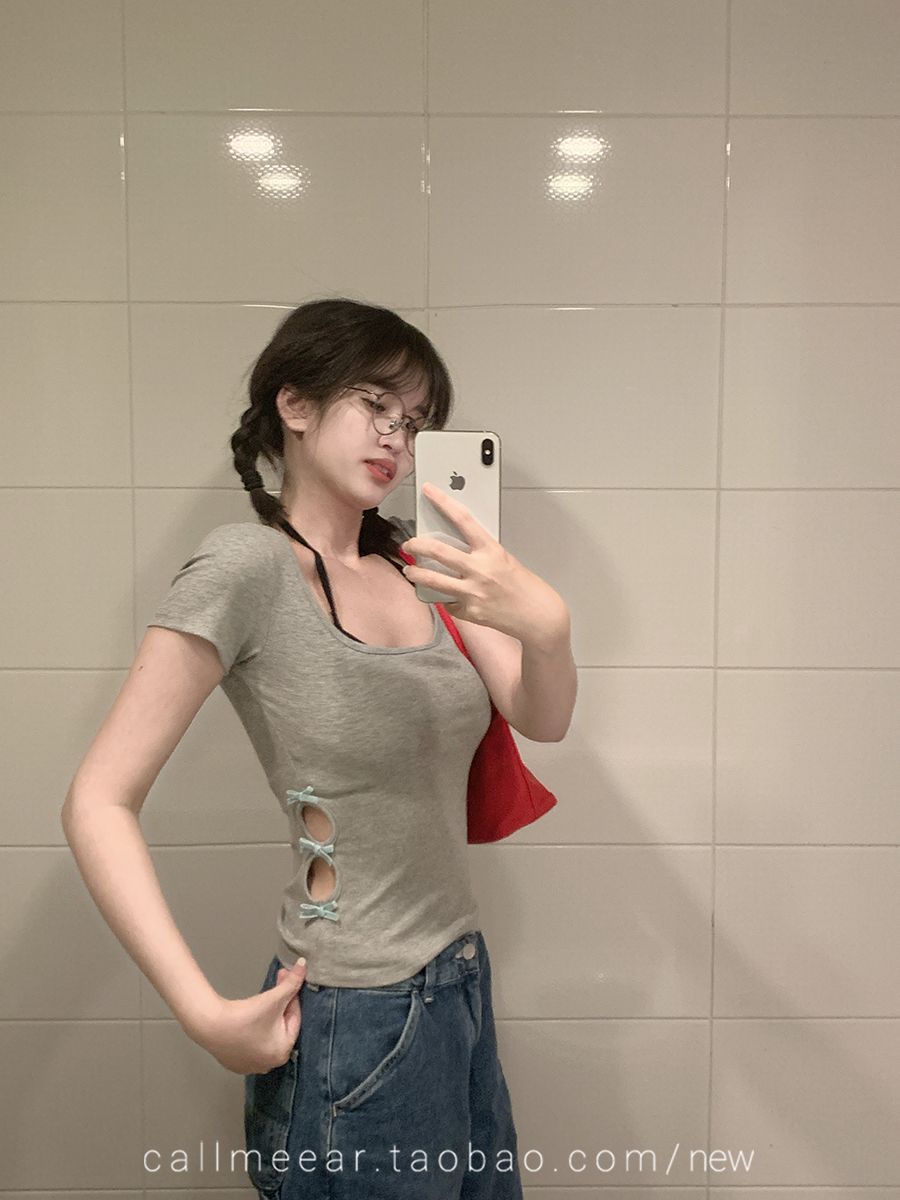 紅色簡約假兩件短袖T恤女蝴蝶結收腰顯瘦修身甜辣風格上衣