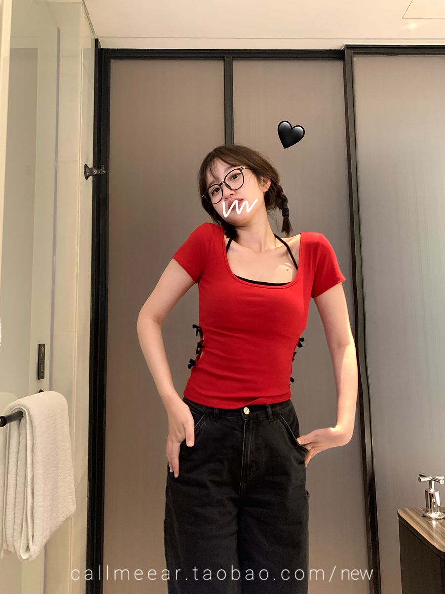 紅色簡約假兩件短袖T恤女蝴蝶結收腰顯瘦修身甜辣風格上衣