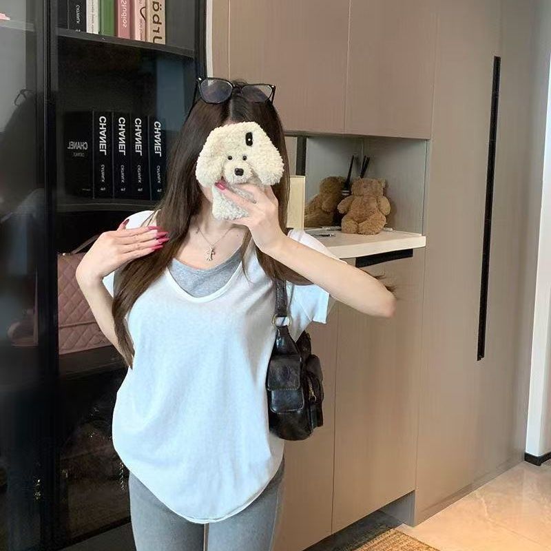 灰色假兩件 V 領短袖 T 恤女夏韓系慵懶風寬松顯瘦百搭休閑上衣