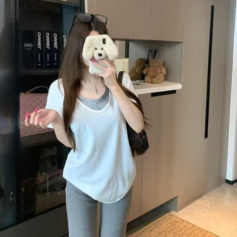 灰色假兩件 V 領短袖 T 恤女夏韓系慵懶風寬松顯瘦百搭休閑上衣
