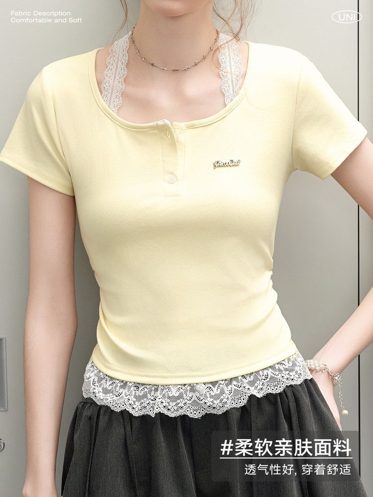 甜妹方領掛脖蕾絲短袖t恤女夏季修身收腰短款不規則上衣