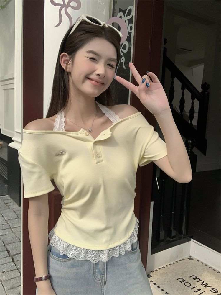 純欲蕾絲花邊掛脖短袖T恤女夏季設計感修身顯瘦短款上衣