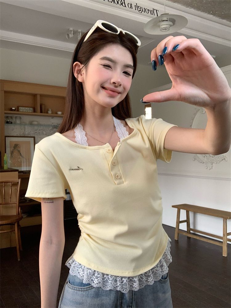 純欲蕾絲花邊掛脖短袖T恤女夏季設計感修身顯瘦短款上衣