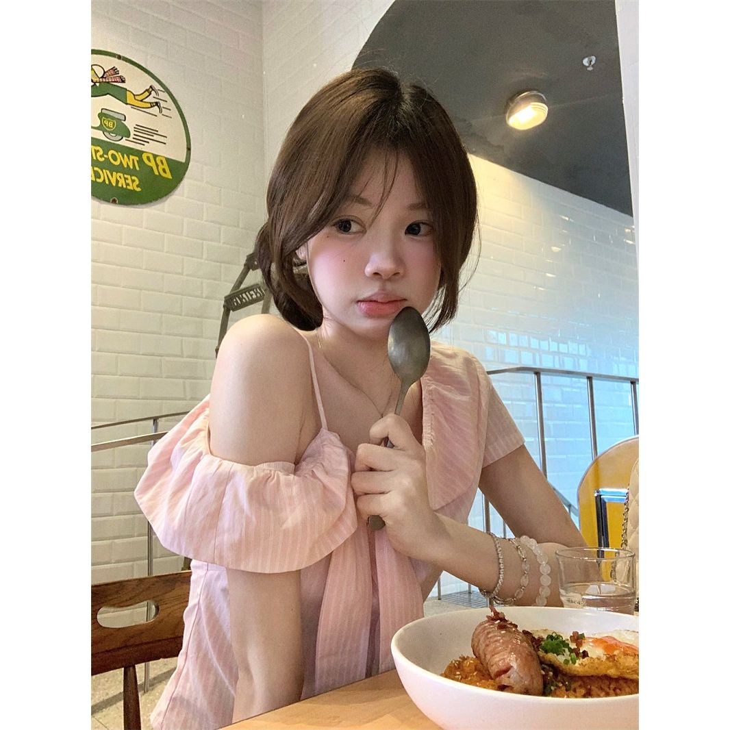 粉色蝴蝶結露肩短袖襯衫女夏季小個子甜美設計感溫柔風上衣女