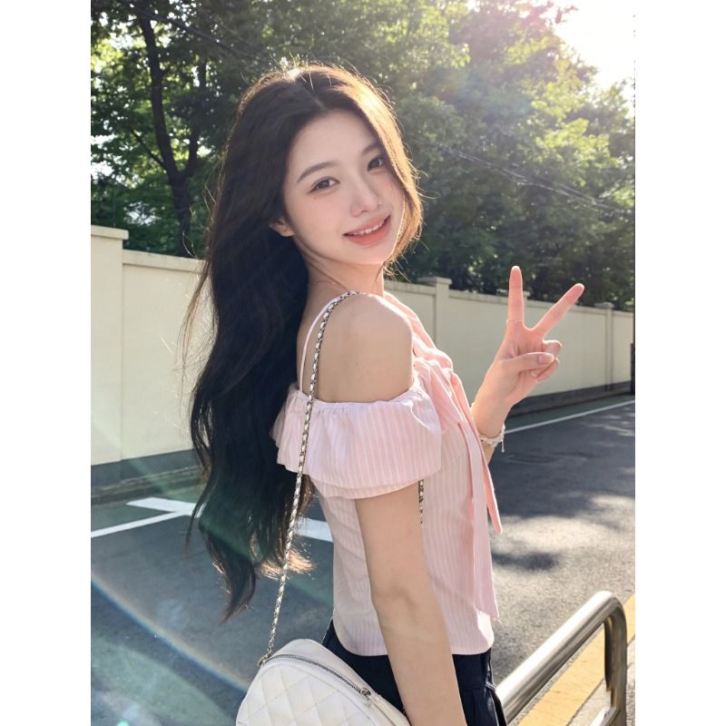 韓系粉色條紋露肩短袖襯衫女夏季減齡設計感蝴蝶結短款上衣
