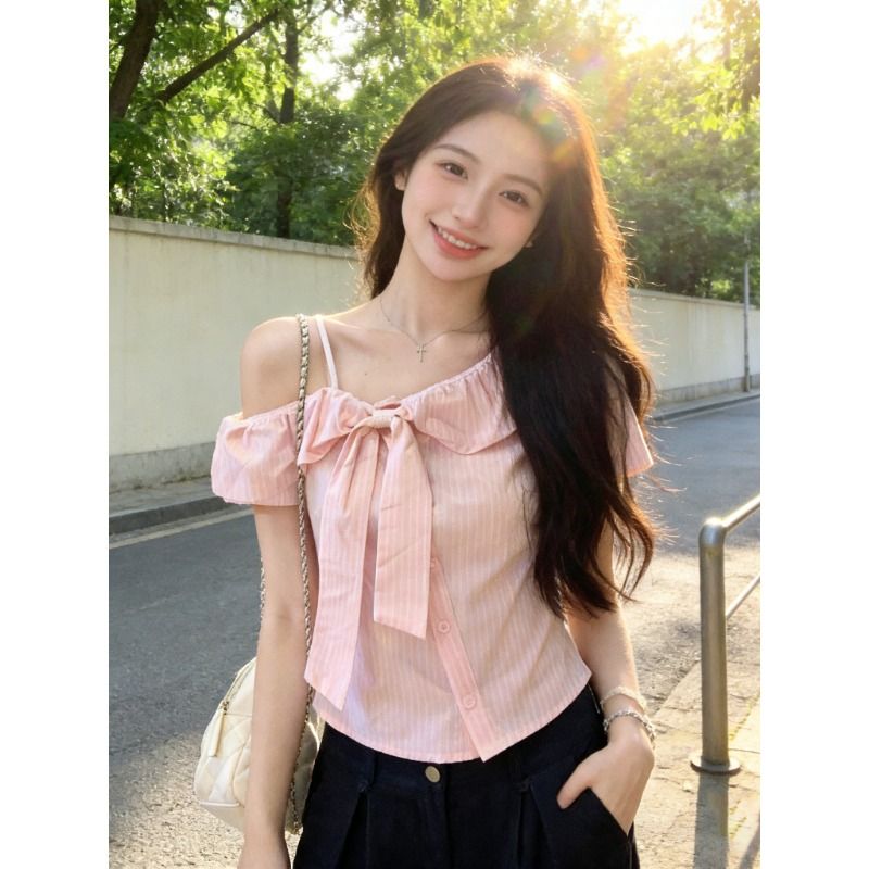 韓系粉色條紋露肩短袖襯衫女夏季減齡設計感蝴蝶結短款上衣