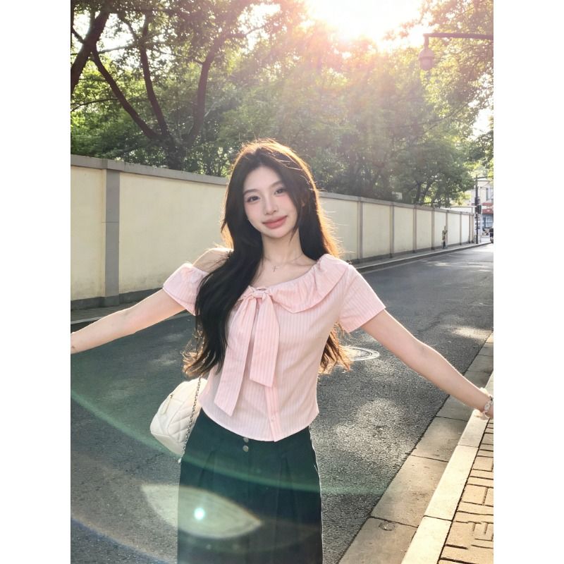韓系粉色條紋露肩短袖襯衫女夏季減齡設計感蝴蝶結短款上衣