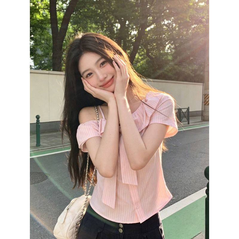 韓系粉色條紋露肩短袖襯衫女夏季減齡設計感蝴蝶結短款上衣