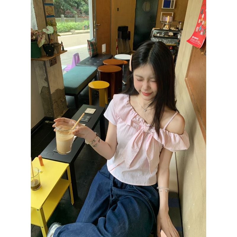 甜美風粉色條紋蝴蝶結小眾襯衫女裝夏季大碼減齡顯瘦新款上衣