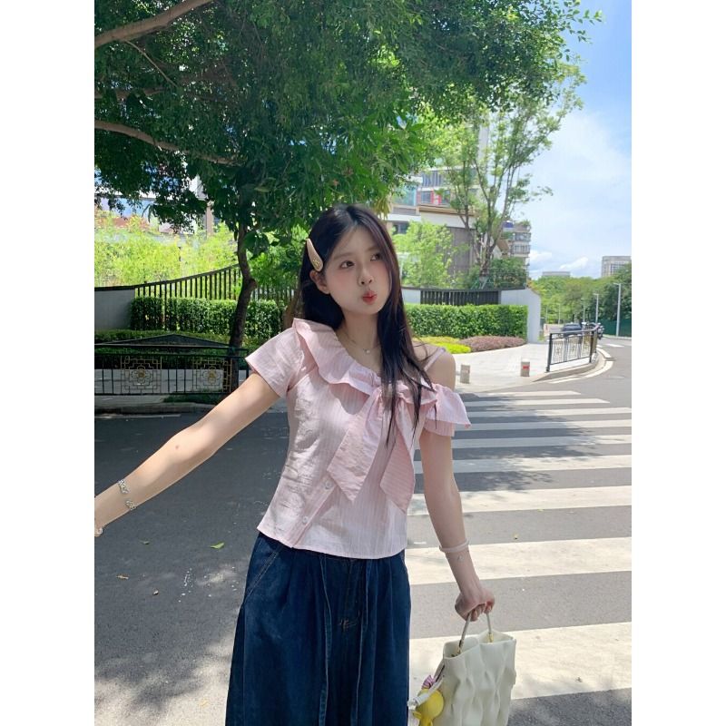 甜美風粉色條紋蝴蝶結小眾襯衫女裝夏季大碼減齡顯瘦新款上衣
