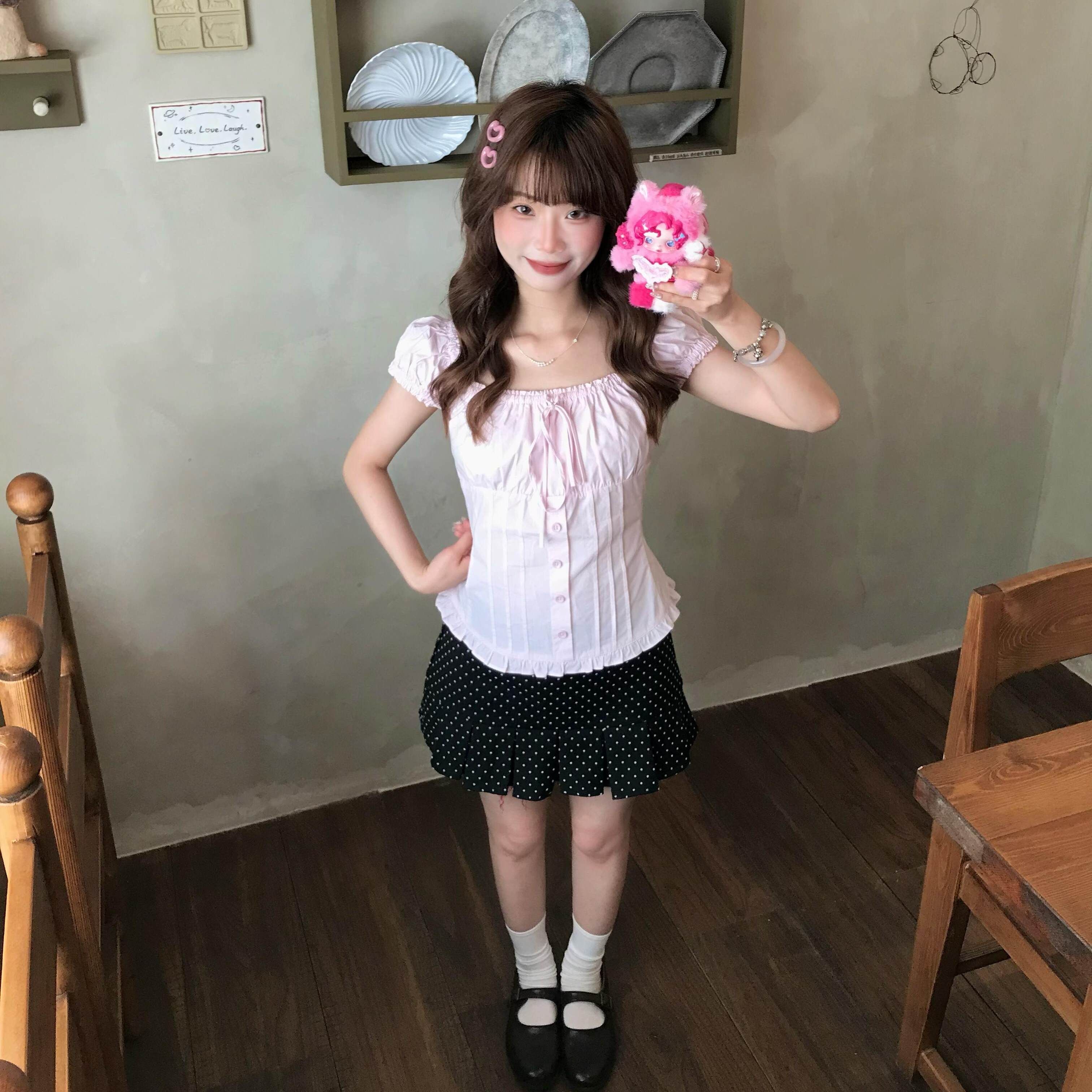 甜美粉色方領泡泡袖收腰短款上衣女純欲風夏季甜妹褶皺修身 T 恤