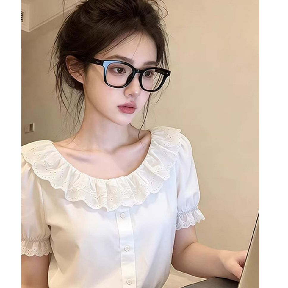 設計感白色法式方領蕾絲花邊泡泡袖短款襯衫女夏季溫柔風收腰上衣